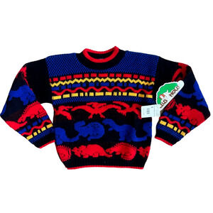 80s Dinosaur Sweater Boys 5 Club House Retro Cable Knit Made in USA Long Sleeve